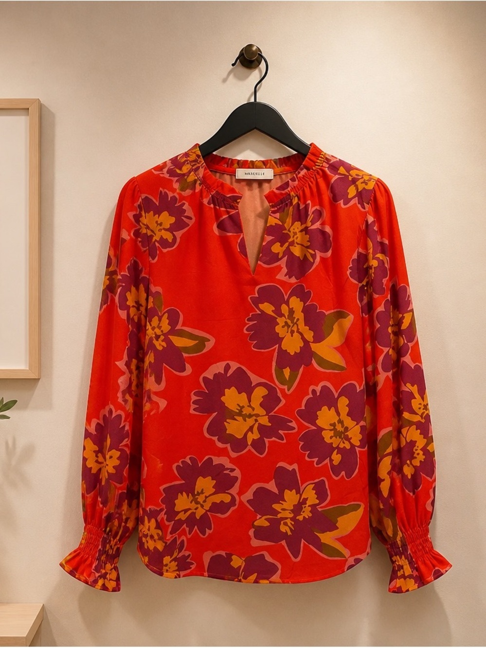 Mango Vibrant Orange Floral Keyhole Blouse